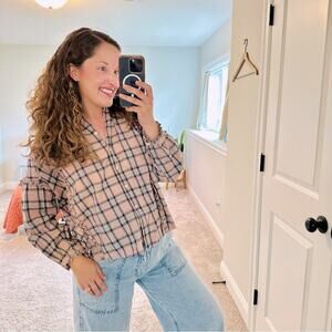 THE GREAT. Light Pink Blue Plaid Ruffled Cotton Long Sleeve Flannel Top 1 Small